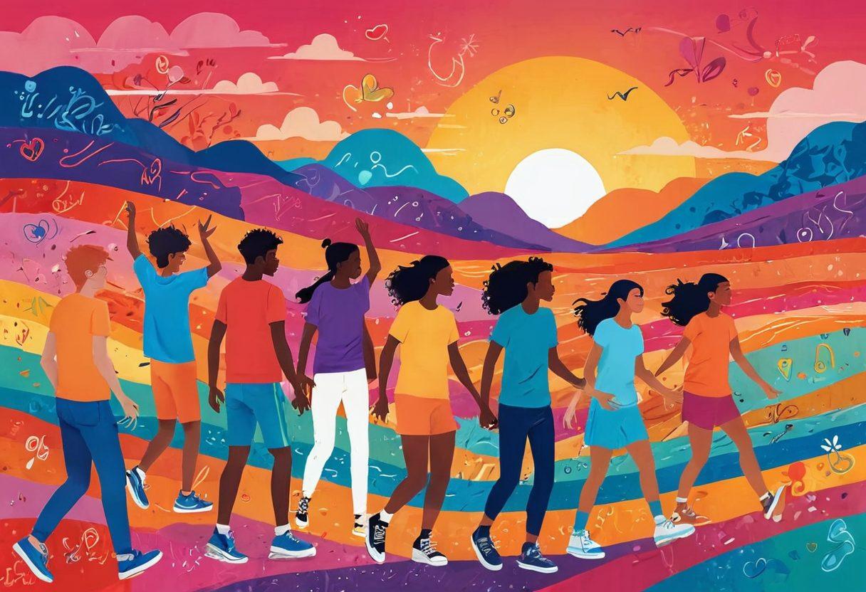 A colorful collage representing the emotional journey of youth: a vibrant sunset symbolizing puberty, a diverse group of teenagers expressing joy, confusion, and passion while engaging in various activities like sports and art. Soft, warm colors to evoke feelings of nostalgia and excitement, blending abstract elements to represent the complexities of emotions. layered with whimsical doodles of hearts and question marks. vector art. bright colors. dynamic composition.
