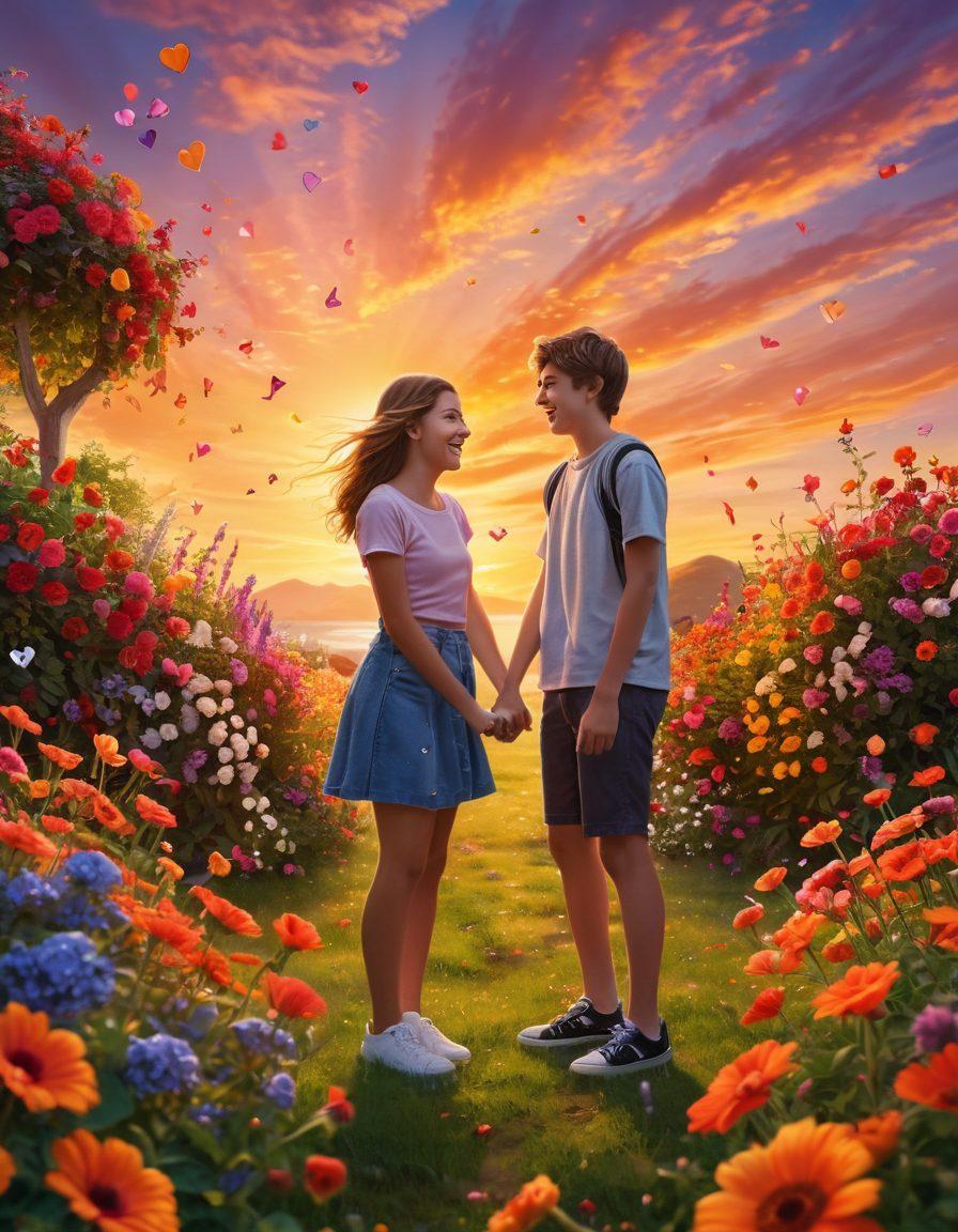 A colorful scene depicting two teenagers laughing and holding hands, surrounded by bright flowers and a beautiful sunset. The background features playful elements like music notes and hearts to capture the essence of young love and excitement. Their expressions show joy and curiosity, representing new relational experiences. The overall atmosphere is vibrant and inviting. super-realistic. vivid colors. warm lighting.