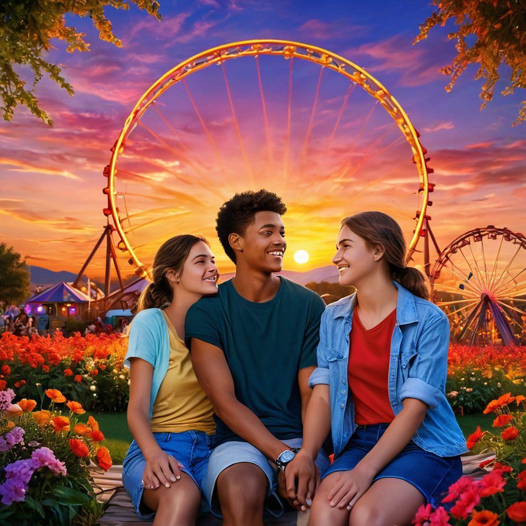 A dreamy landscape depicting two teenagers experiencing the excitement of a new romance, surrounded by vibrant flowers and soft, glowing lights. The background features a sunset sky with warm hues, symbolizing the emotions of arousal and attraction. Include elements representing new experiences, like a rollercoaster and a picnic setup. The teenagers are smiling and engaging with each other, capturing the essence of youthful love and exploration. vibrant colors. super-realistic.